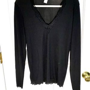 NWOT- Slinky, lace neck, lettuce trim top
